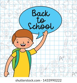 Back to school card with student boy talking cartoons - vector editable illustration image