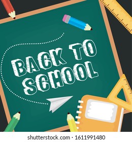 back to school card with supplies and chalkboard vector illustration design