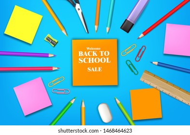 Back to school card supplies Vector realistic. Crayons, ruler, notes detailed 3d illustration