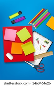 Back to school card supplies Vector realistic. Crayons, ruler, notes detailed 3d illustration