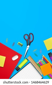 Back to school card supplies Vector realistic. Crayons, ruler, notes detailed 3d illustration