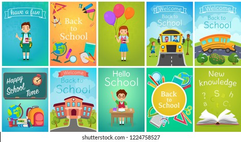 Back to School card template banners set, school bus, kids, chalkboards, book, education equipment vector illustration.