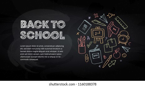 Back to school card template on school blackboard. Hand chalk lettering "Back to school" and text below. Circle decoration with doodles of notebook, book, pencil, pen, brush, apple, paper plane.