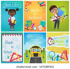 Back to school card template pages set. Education template with pupils, school supplies and bus. flyer, magazines, posters, book cover, banner vector illustration.