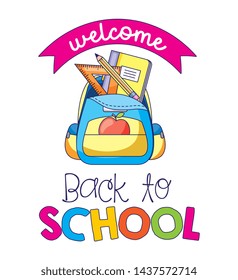 Back to school card with utensils in backpack cartoons - vector editable illustration image