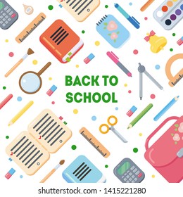 Back to school card. Vector flat colorful background with ring, book, notepad, schoolbag, pencil, globe, calculator and other education supplies