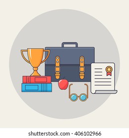 Back to school card. Vector illustration with books, graduation cap, diploma, bag. Education elements for banners, flyers, web, stickers. Flat study icons. Concept promotional materials. 