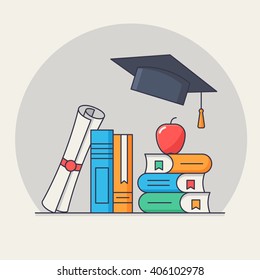 Back to school card. Vector illustration with books, graduation cap, diploma. Education elements for banners, flyers, web, stickers. flat study icons. Concepts promotional materials