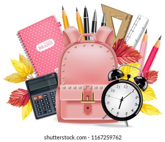 Back to School card Vector realistic. School supplies. Pink satchel, alarm clock, calculator, note book, rulers and pen tools. Detailed 3d illustrations