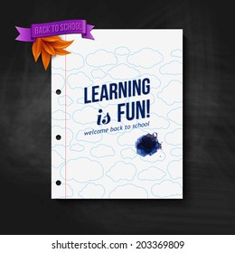 Back to school card. Wooden background, typography design, note paper. Vector illustration.