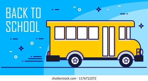 Back to school card with yellow bus on blue background. Thin line flat design. Vector banner.