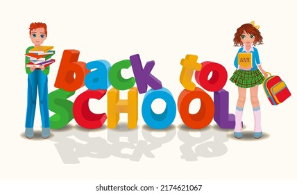 Back to school card, young boy and girl. vector illustration