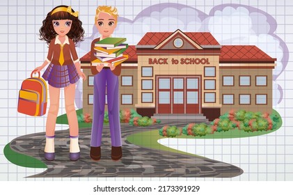Back to school card, young friend and girlfriend, boy and girl in school uniform. vector illustration