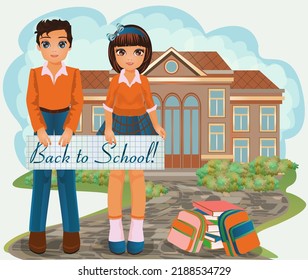 De vuelta a la tarjeta de la escuela, joven amiga y novia con uniforme de colegio. ilustración vectorial	