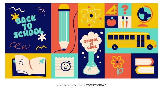 Back to school cards background with geometrical pattern and studying accessories symbols vector illustration. Education subject learning invitation for students inspiration poster design template