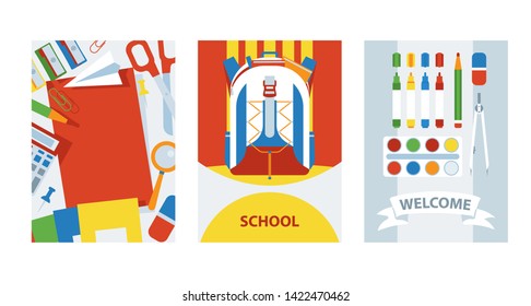 Back to school cards background with school supplies set, vector illustration. Backpack with items for studying. Accessories for art classes. Background banner, flyer, invitation, brochure, poster.