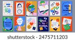 Back to school cards, backgrounds set. Simple flat style education icons, symbols, doodles. Art collage, papers, hand drawn design elements. Bright colorful school subjects conept.