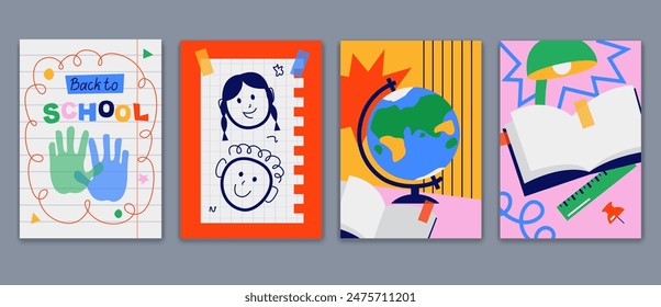 Back to school cards, backgrounds set. Simple flat style education icons, symbols, doodles. Art collage, papers, hand drawn design elements. Bright colorful school subjects conept.