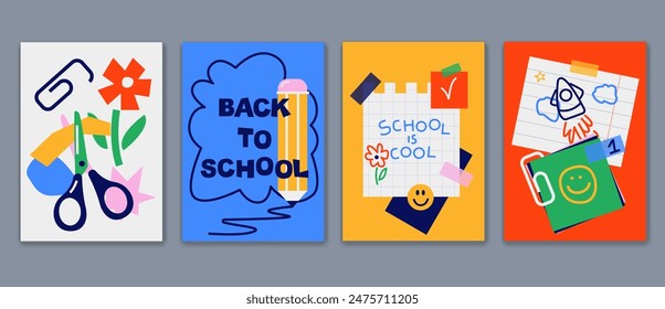 Back to school cards, backgrounds set. Simple flat style education icons, symbols, doodles. Art collage, papers, hand drawn design elements. Bright colorful school subjects conept.