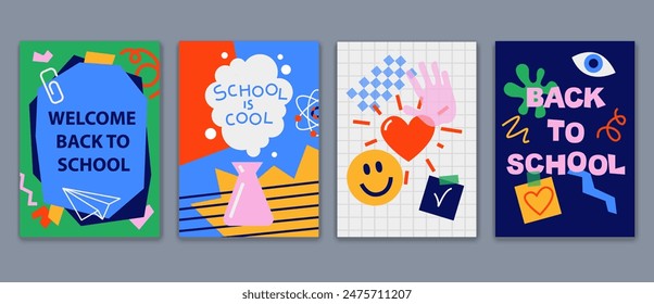 Back to school cards, backgrounds set. Simple flat style education icons, symbols, doodles. Art collage, papers, hand drawn design elements. Bright colorful school subjects conept.