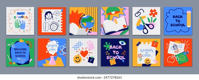 Back to school cards, backgrounds set. Simple flat style education icons, symbols, doodles. Art collage, papers, hand drawn design elements. Bright colorful school subjects conept.