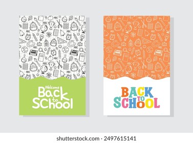 Back to School cards with cartoon icons. Set. Vector illustration
