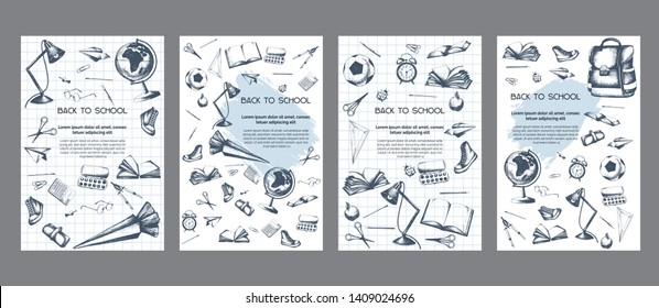 
Back to school cards, flyer, poster templates, universal sketch kit with different school objects