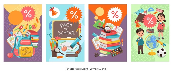 Back to school cards. Kids education. Sale banners. Happy schoolchildren in uniform. College studying accessory. Different stationery. Books and notebooks stack. Splendid