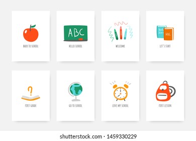 Back to school cards, postcards, posters, tags with apple, chalk board, pencils, books, textbook, globe, backpack, alarm clock. Backgrounds for pupils, students, school stores, shops