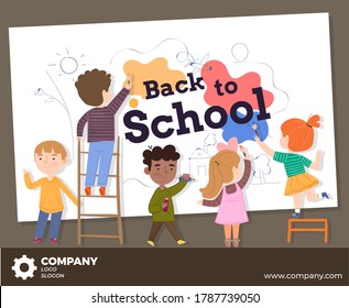 Back to school with carton children design concept-students writing and painting on the board-girls and boys characters 