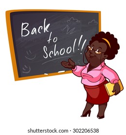 Back to school. Cartoon African American teacher stands near the school board. Vector illustration on a white background.