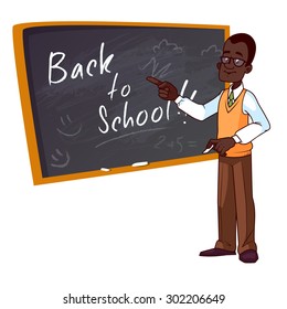 Back to school. Cartoon African American teacher stands near the school board. Vector illustration on a white background.