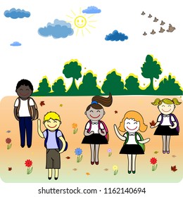 Back to School Cartoon Autumn Background with Pupils on Seasonal Autumn Landscape. Vector Illustration