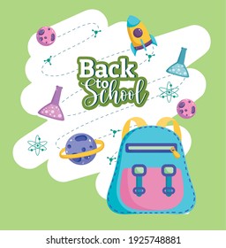 Volver a la escuela mochila de dibujos animados tubos de prueba de química ilustración vectorial