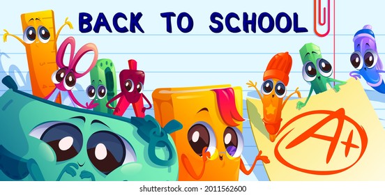 Back to school cartoon banner with student stuff