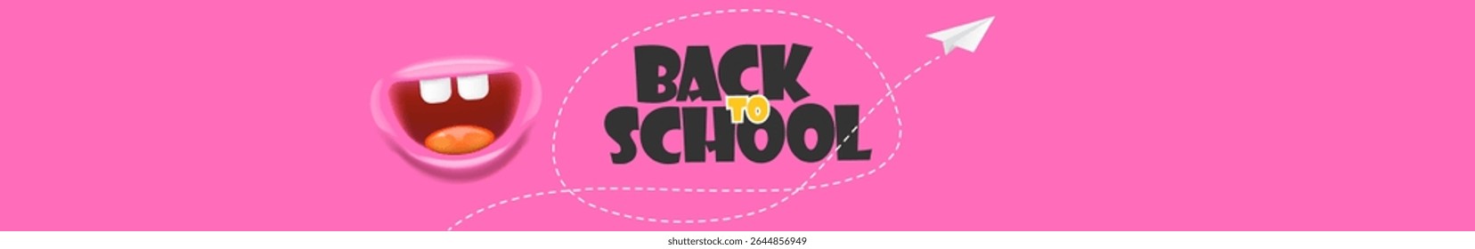 Back to School Cartoon Banner Vector: Adorable Pink Monster Character with Open Mouth and Paper Plane, Ideal for Educational Promotions and Kids' Events
