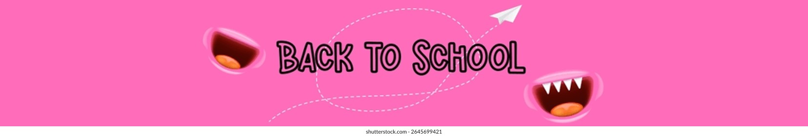 Back to School Cartoon Banner Vector: Adorable Pink Monster Character with Open Mouth and Paper Plane, Ideal for Educational Promotions and Kids' Events
