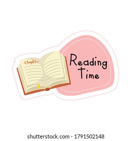 Volver a la escuela libro de caricaturas pegatina de lectura de tiempo, ilustración vectorial