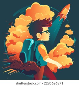 De vuelta a la escuela, niño de caricatura con mochila de gafas y cohete volador. Ilustración del vector
