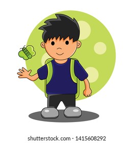 Back to school cartoon. Boy student back to school cartoon vector illustration With Butterfly