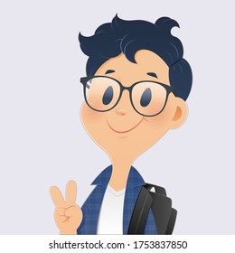 Back to school, Cartoon boy student showing fingers up on gray background. Concepts for illustration and vector design