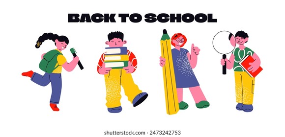 Back to school cartoon characters school children's and students. Doodle mascots with stationery supplies, teenagers with backpacks, books. Set retro groovy mascots in 90s style