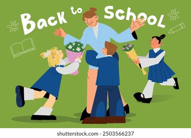 Regreso a la escuela personajes de dibujos animados escuela y maestro de niños. Los adolescentes vuelven a la escuela