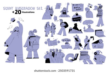 Back to school cartoon characters. College students university. Teenagers education study vector set