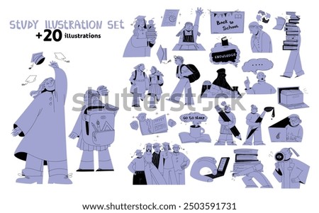 Back to school cartoon characters. College students university. Teenagers education study vector set