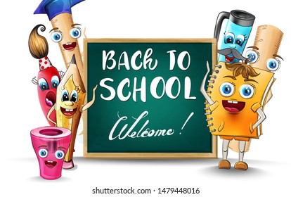 Back to school cartoon characters Vector watercolor. School supplies pen and ruler funny characters illustration watercolor style