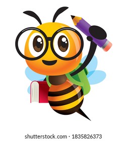 Back to school. Cartoon cute bee character carrying school bag, book and pencil and ready for school with smile. - vector