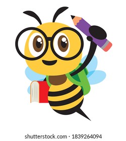 Back to school. Cartoon cute bee character carrying school bag, book and pencil and ready for school with smile.- Flat art vector