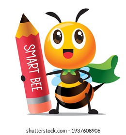 Back to school. Cartoon cute bee character with superhero cloak holding a big red pencil with big letter on pencil surface