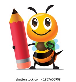 Back to school. Cartoon cute bee character holding a big red pencil and bare green school bag ready back to school. 